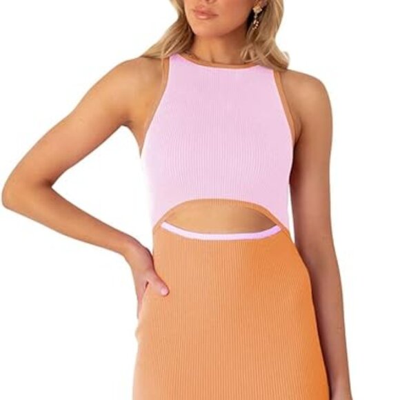 TWO TONED REVERSIBLE MIDI RIBBED CUT OUT SUMMER FITTED DRESS AMAZON XS - Picture 1 of 4